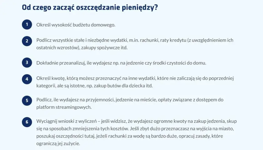 Lista kroków do rozpoczęcia oszczędzania pieniędzy: określ budżet, policz wydatki stałe, przeanalizuj bieżące koszty, wyznacz kwoty na inne potrzeby, podlicz przyjemności i wyciągnij wnioski.