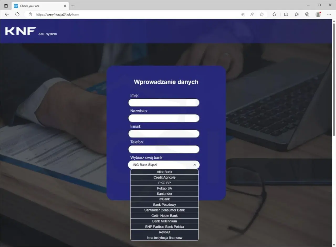 Formularz KNF do wprowadzania danych, sugerujący potencjalnych euroins oszuści. Wybór banku z listy.
