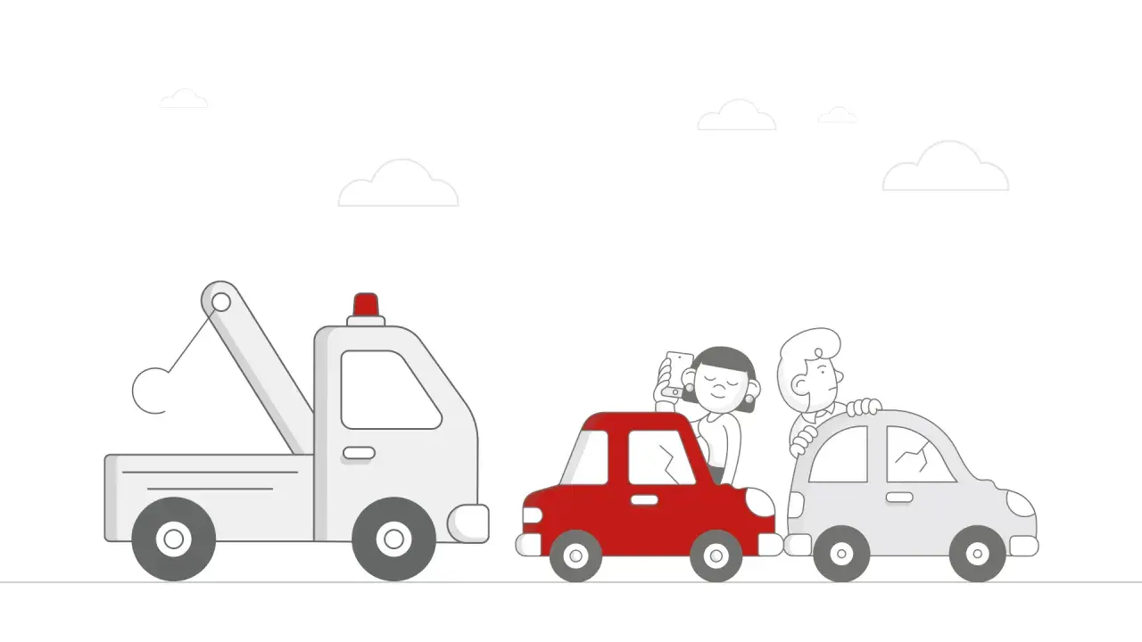 Awaria auta? Ubezpieczenie assistance to pomoc w takiej sytuacji. Na rysunku auto z pomocą drogową i pasażerowie w uszkodzonych pojazdach.