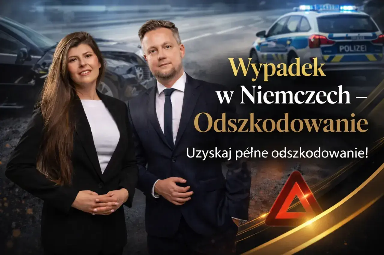 Para prawników oferuje pomoc w uzyskaniu zadośćuczynienia po wypadku w Niemczech. W tle uszkodzone samochody i radiowóz.
