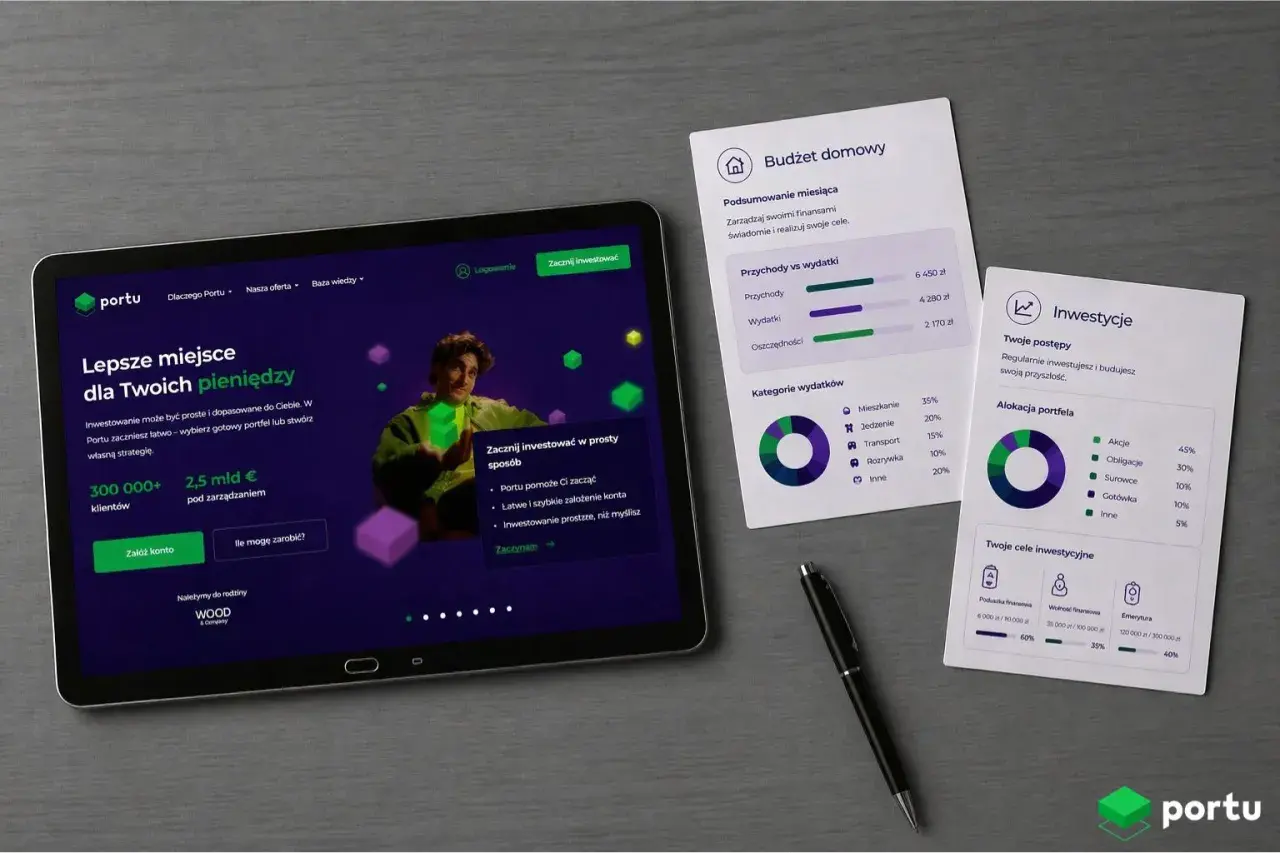Tablet z aplikacją Portu i wykresami finansowymi: budżet domowy, wydatki, inwestycje.