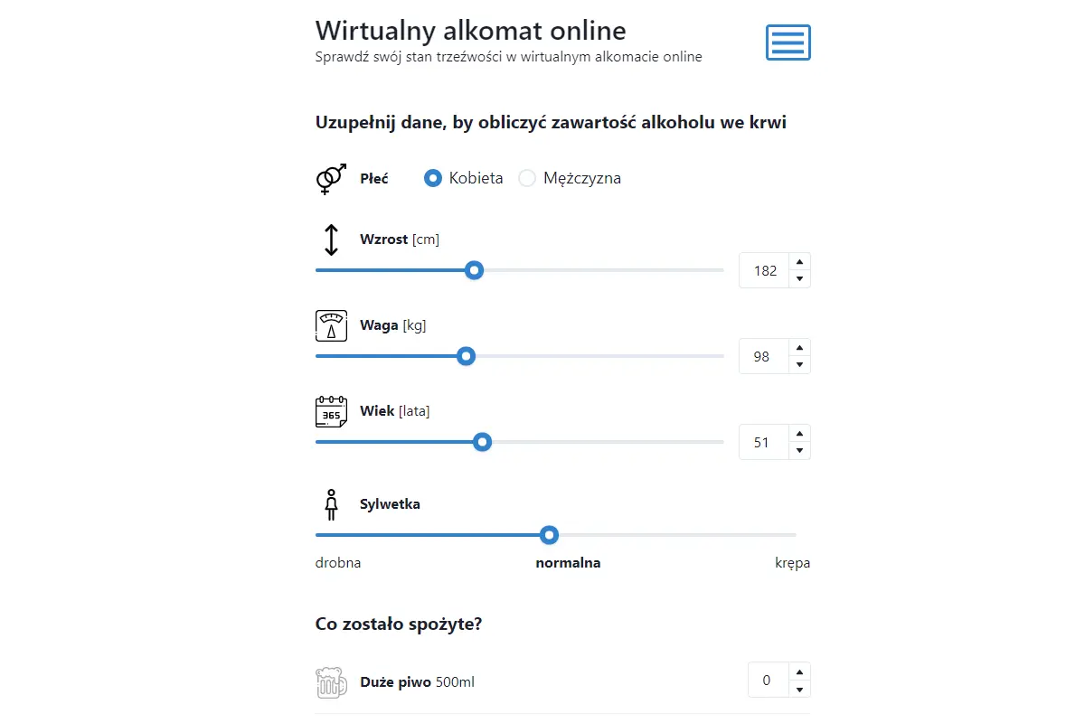 Wirtualny alkomat online. Wpisz dane: płeć, wzrost, wagę, wiek, sylwetkę i spożyte alkohole, by sprawdzić, jaka kara grozi za 0,13 promila.