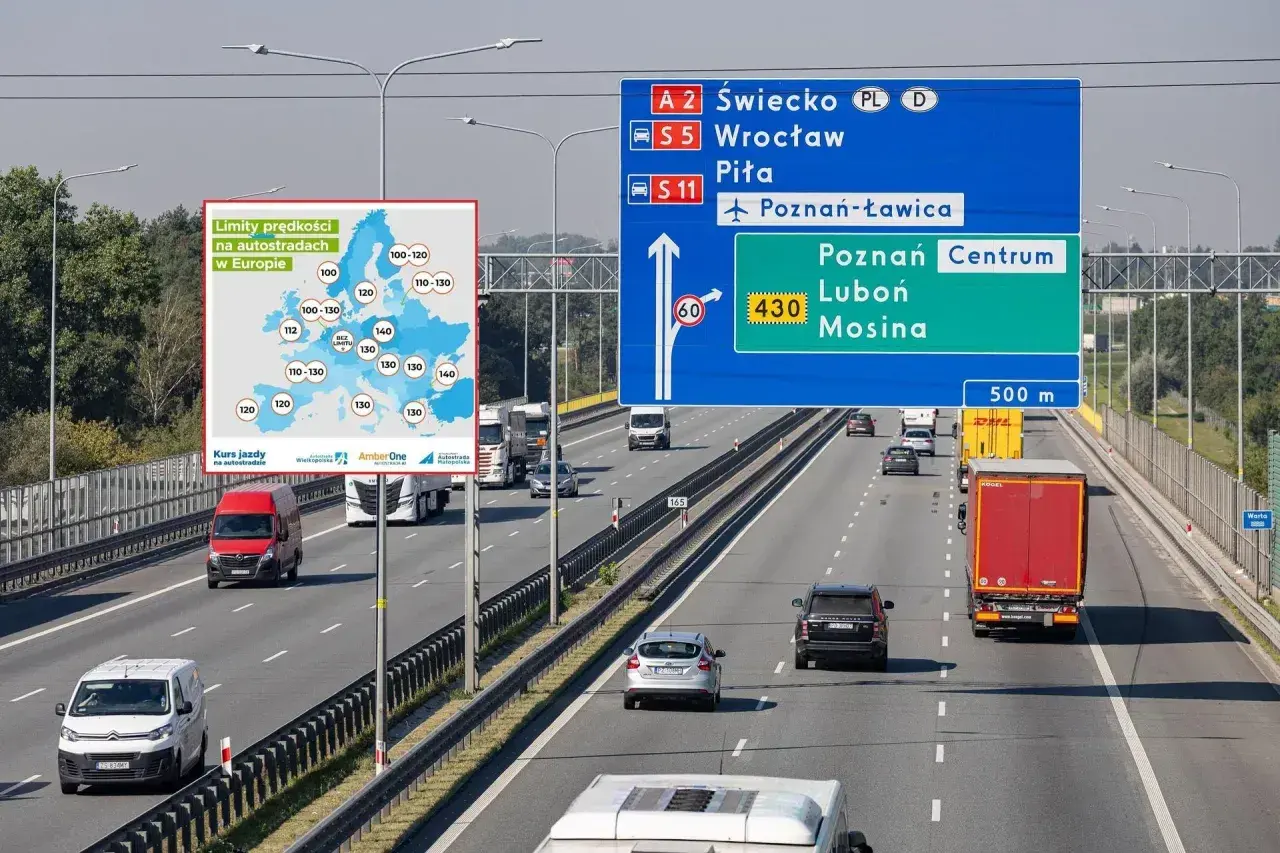 Na autostradzie w Polsce, obok mapy z dopuszczalną prędkością na autostradach w Europie, znaki wskazują kierunki: A2 Świecko, S5 Wrocław, S11 Piła, Poznań-Ławica, Poznań Centrum, Luboń, Mosina.