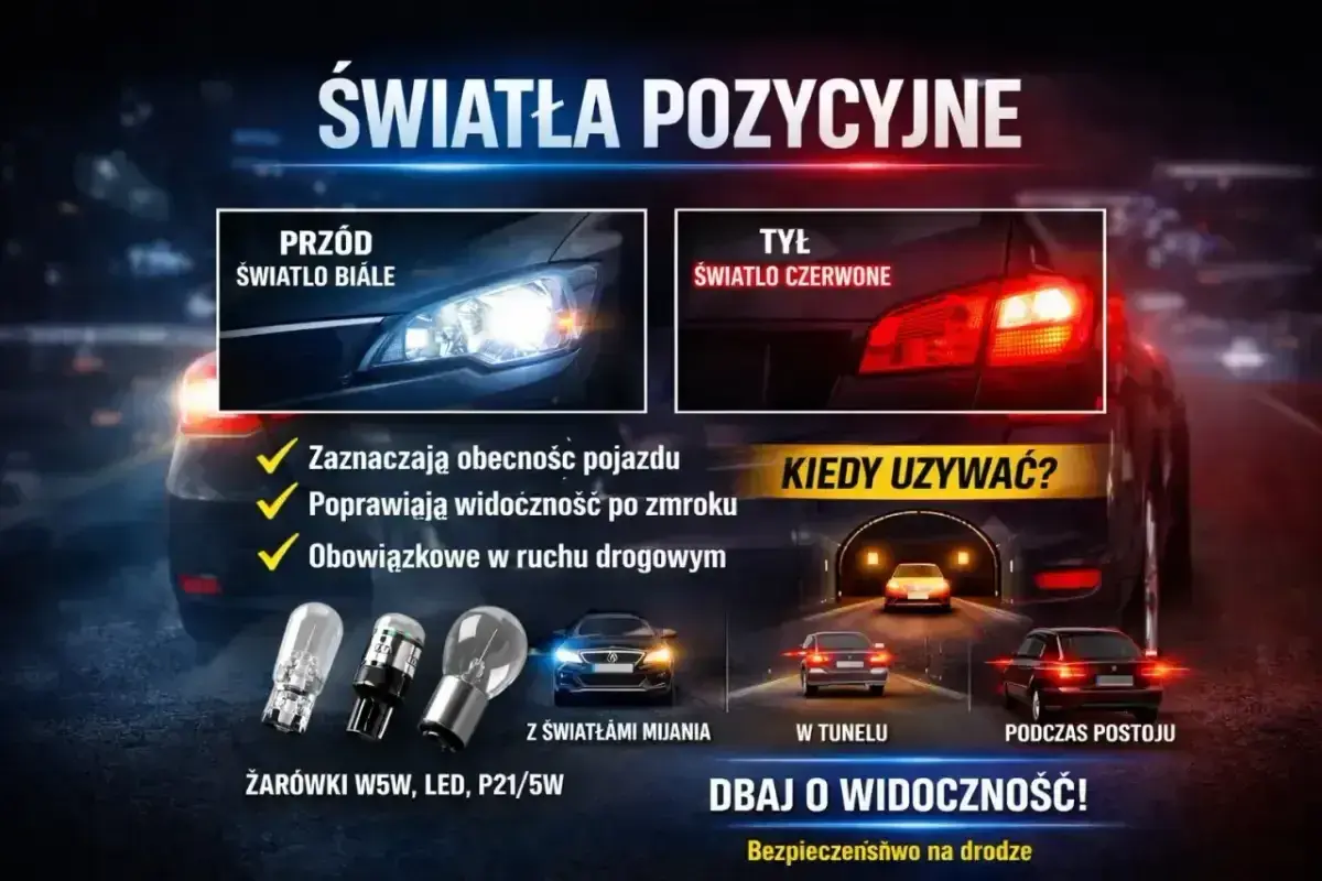 Porównanie świateł pozycyjnych i mijania: białe z przodu, czerwone z tyłu. Używaj ich w tunelu i podczas postoju.