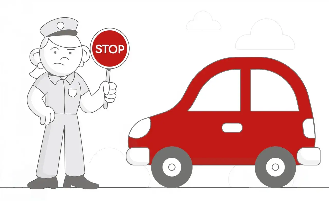 Policjantka z tabliczką STOP zatrzymuje czerwony samochód. Czy trzeba mieć przy sobie OC?