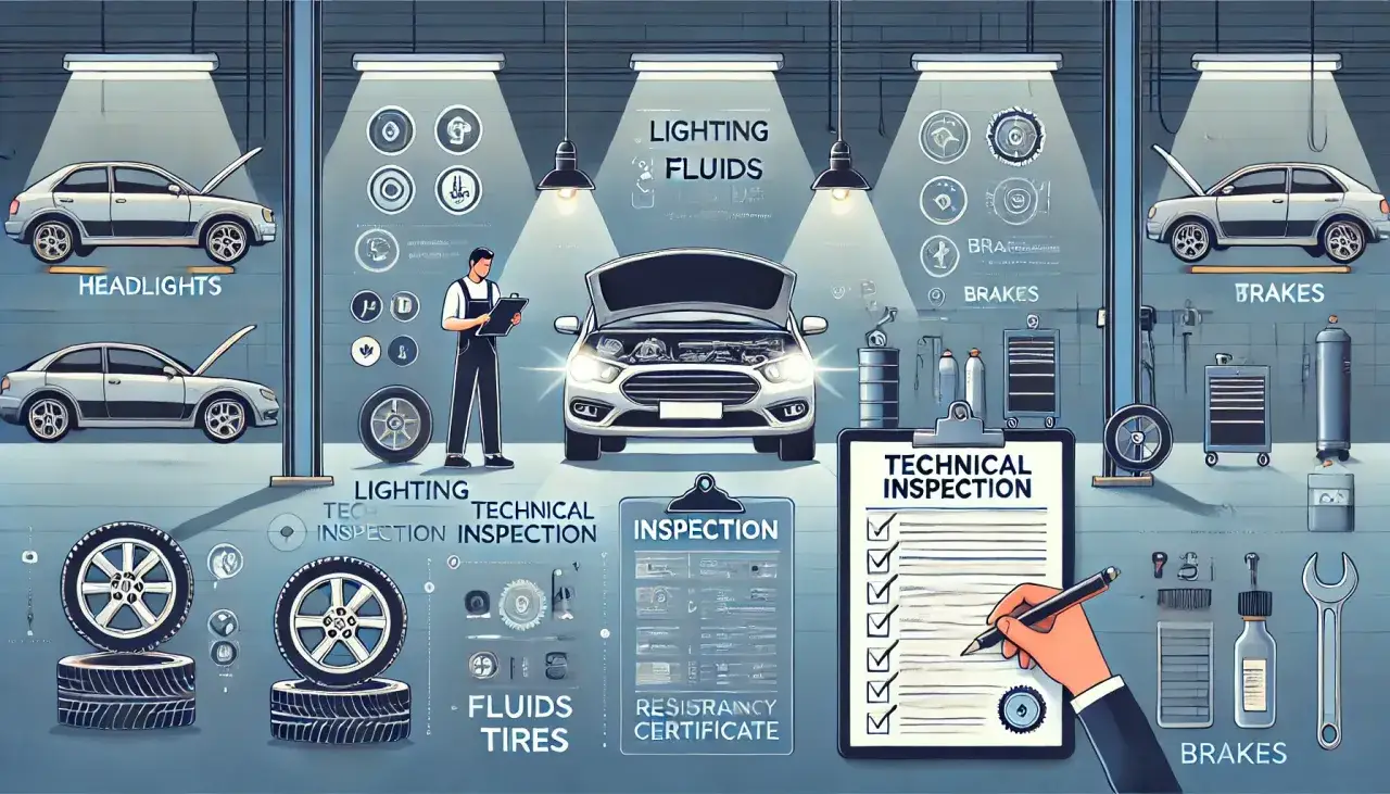 Mechanik sprawdza auto, by uniknąć mandatu za jazdę bez przeglądu. Kontrola świateł, płynów, hamulców i opon.