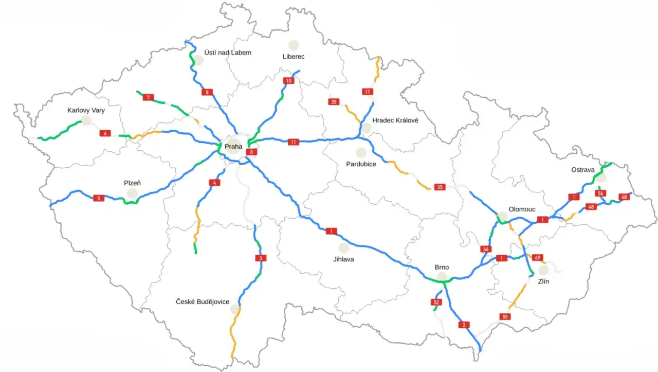 Mapa dróg Czech. Planujesz podróż i zastanawiasz się, czy na Słowację trzeba winiety? Ta mapa pokazuje drogi w Czechach, ale nie zawiera informacji o winietach słowackich.