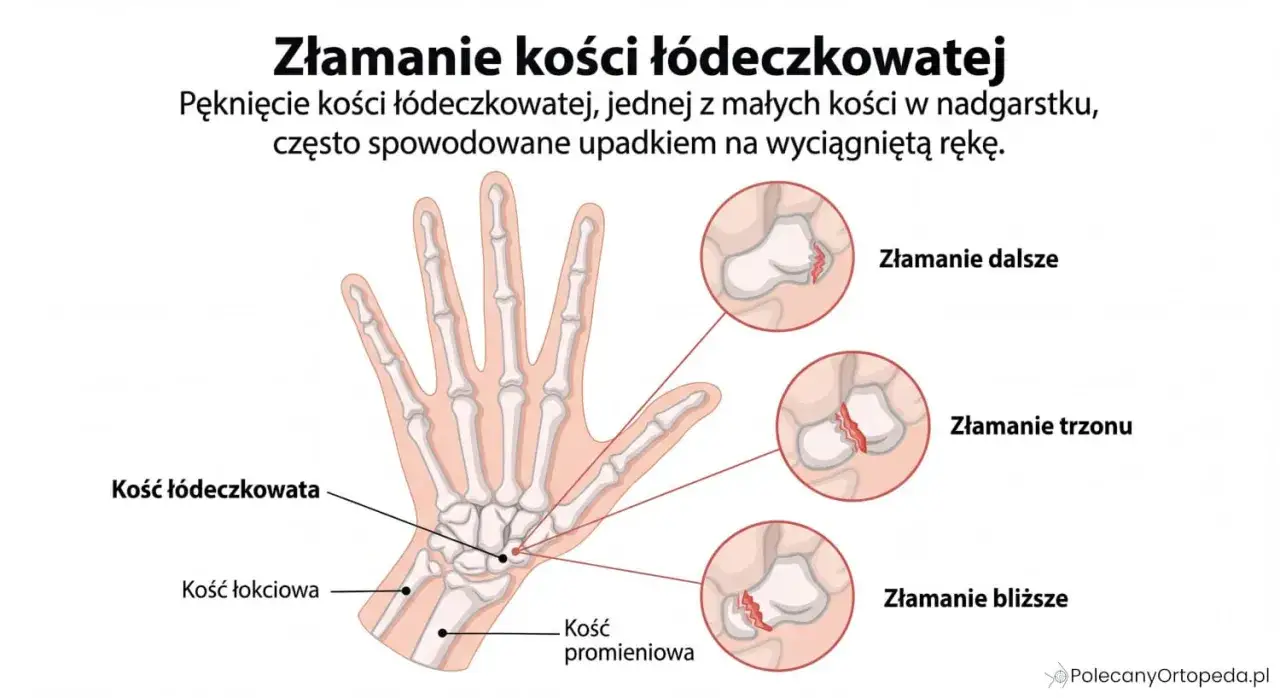 Ilustracja pokazuje złamanie kości łódeczkowatej nadgarstka, co może być podstawą do ubiegania się o odszkodowanie.