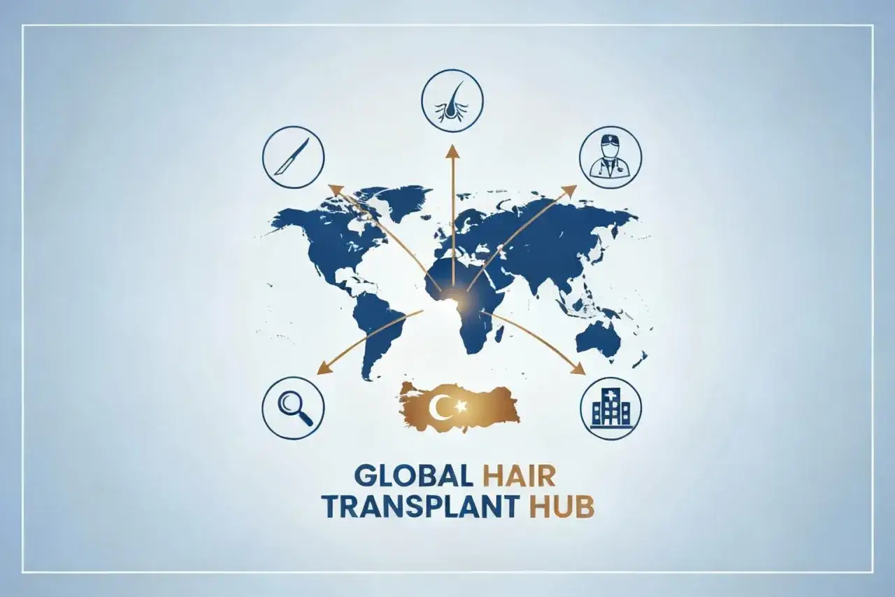 Mapa świata z ikonami symbolizującymi przeszczep włos&oacute;w. Turcja jako globalny hub. Rozważając koszty leczenia w Turcji, warto zwr&oacute;cić uwagę na tę ofertę.