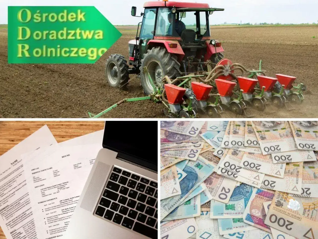Rolnik przygotowuje pole do siewu, a obok leżą dokumenty i pieniądze, symbolizujące ubezpieczenie rolnicze.